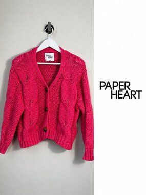 Paper Heart Pink Cable Knit Cardigan S/M Chunky Button Front Cozy Sweater